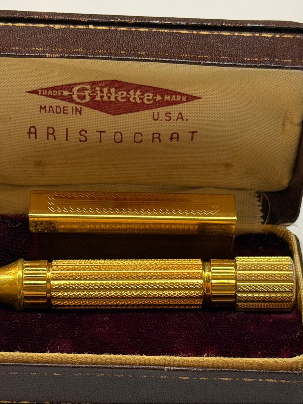 vintage gold-toned Gillette Aristocrat double-edge safety razor set